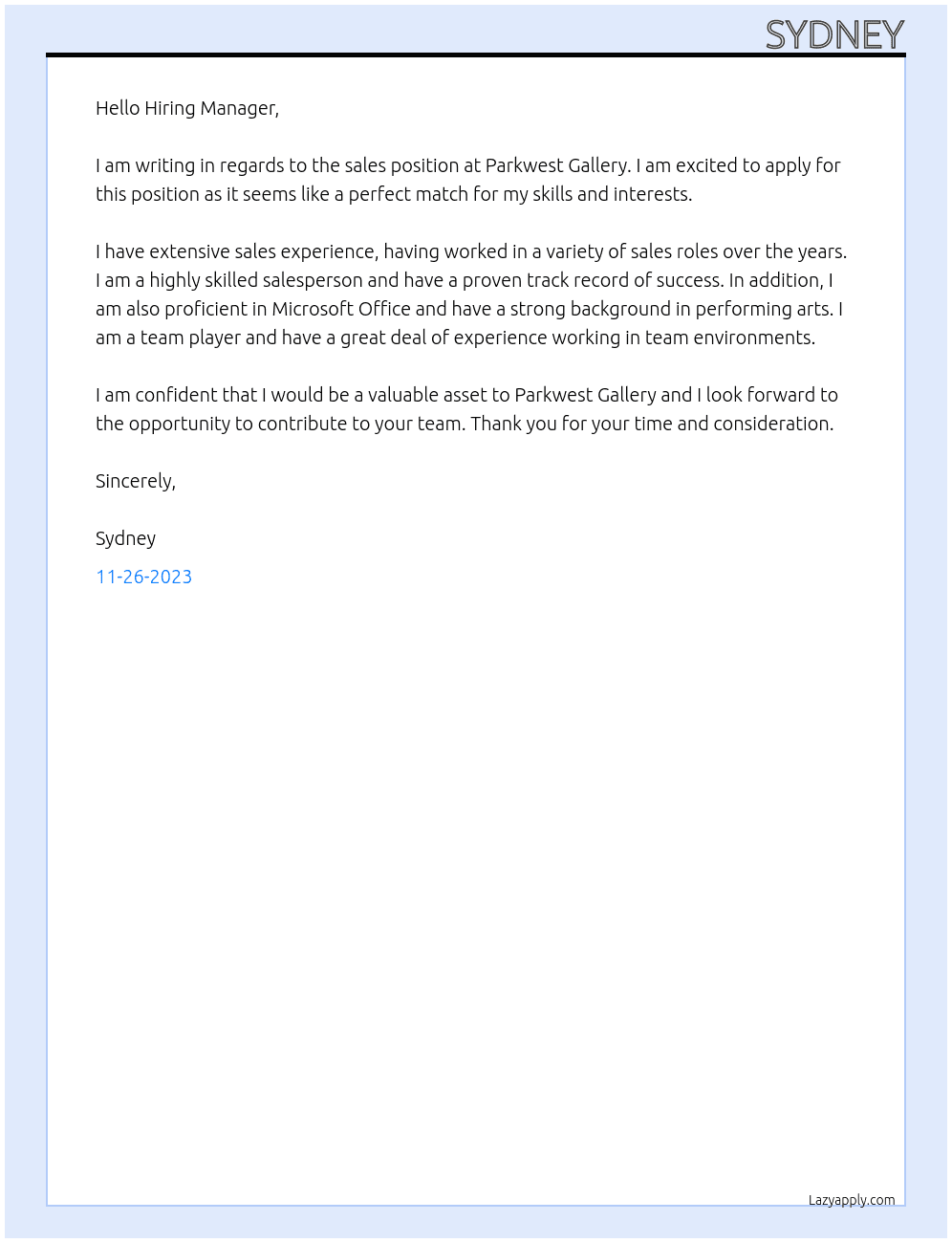 SALES POSITION At parkwest gallery. Cover Letter
