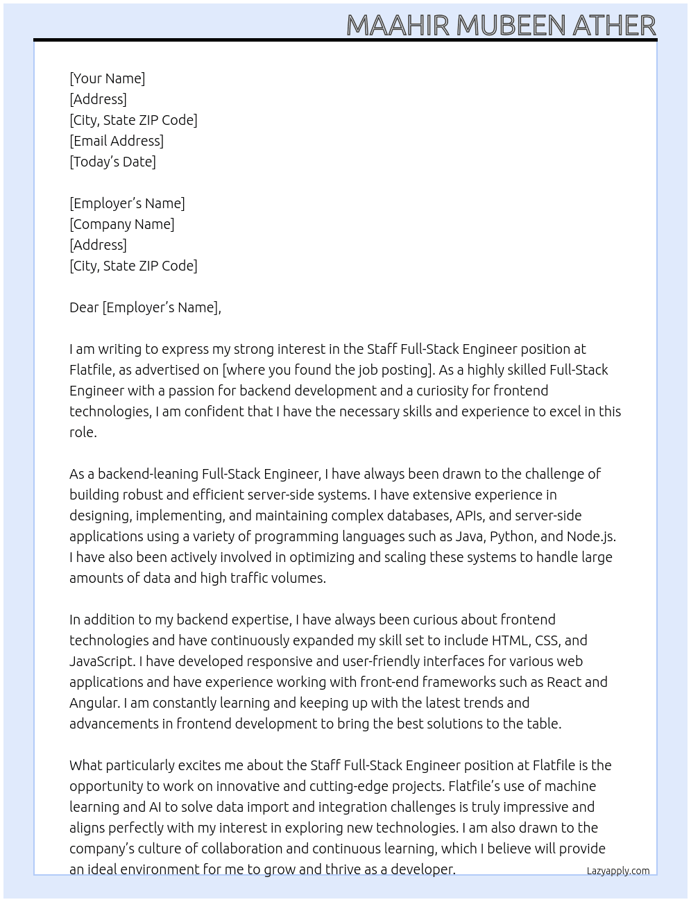 Staff Full-Stack Engineer (backend leaning, frontend curious) At Flatfile Cover Letter