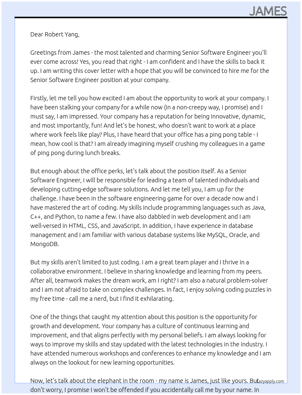 Senior Software Engineer At Robert Yang Cover Letter