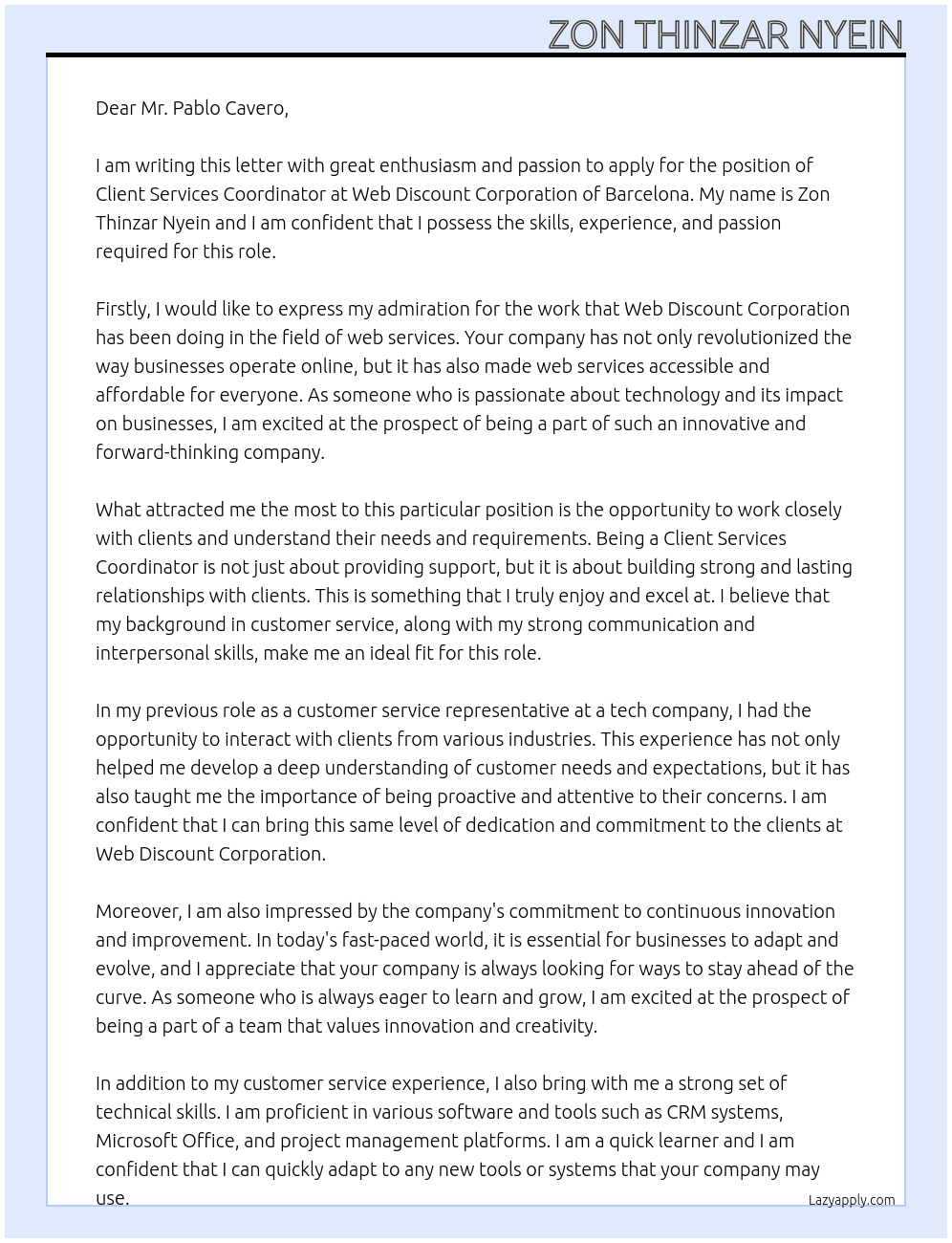 Client Services Coordinator  At Web Discount Corporation of Barcelona Cover Letter