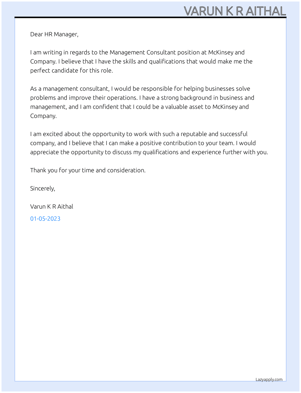Management Consultant At McKinsey and Company Cover Letter