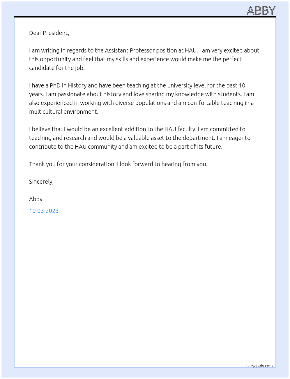 Assistant Professor At HAU Cover Letter