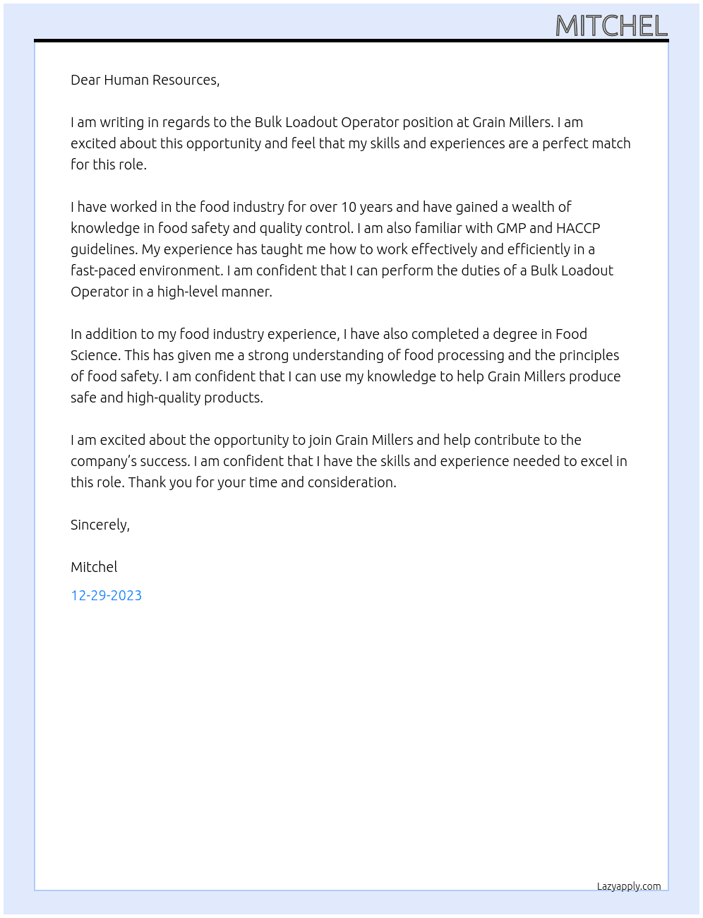 Cover letter for bulk loadout operator - LazyApply