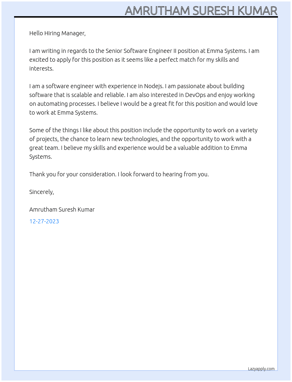Senior Software Engineer II At Emma Systems Cover Letter