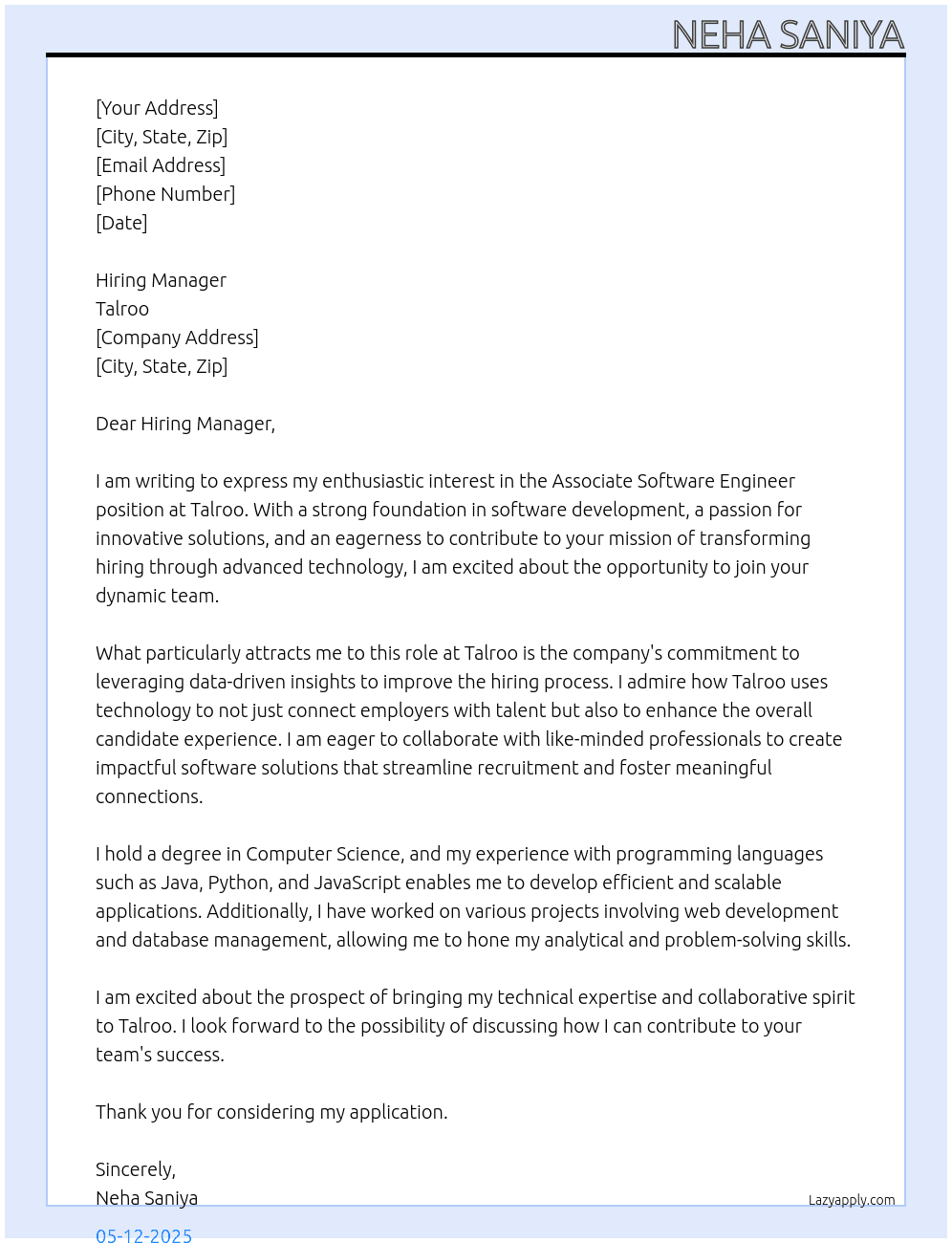 Associate Software Engineer At Talroo  Cover Letter