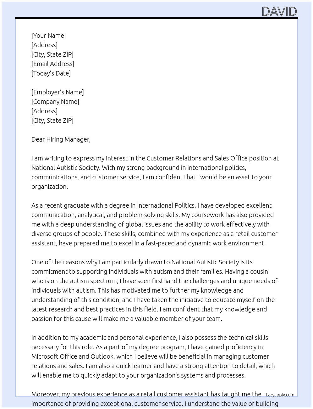 Customer Relations and Sales Office At National Autistic Society Cover Letter