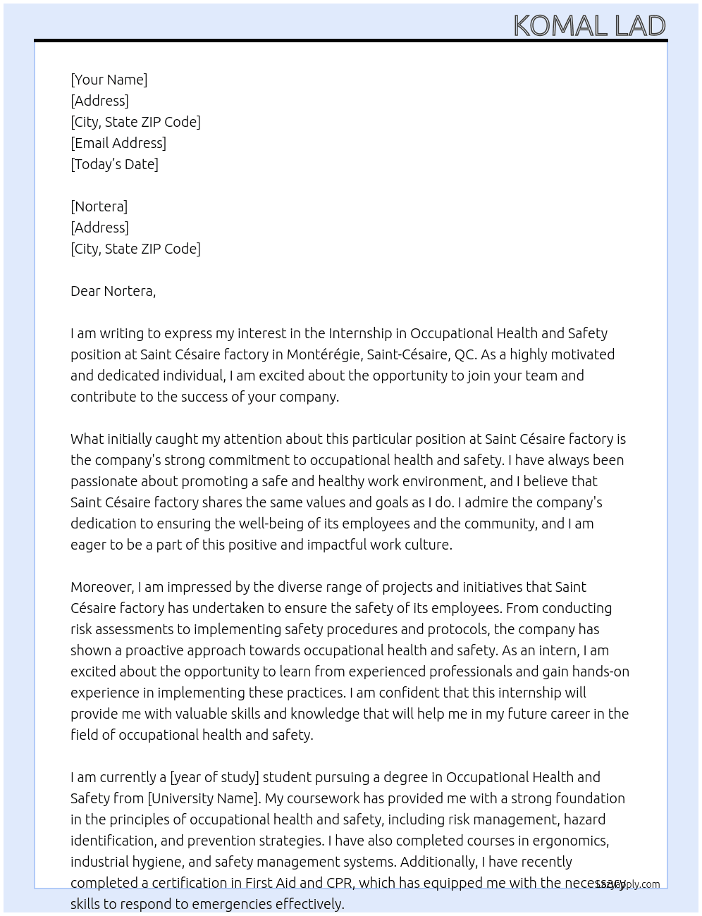 Internship in occupational health and safety At Saint Césaire factory, Montérégie, Saint-Césaire, QC Cover Letter