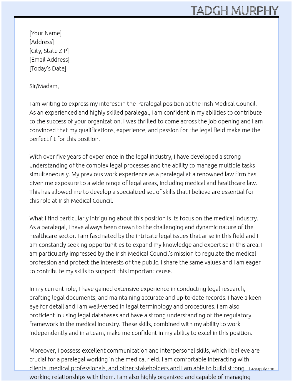 Paralegal  At Irish Medical Council Cover Letter