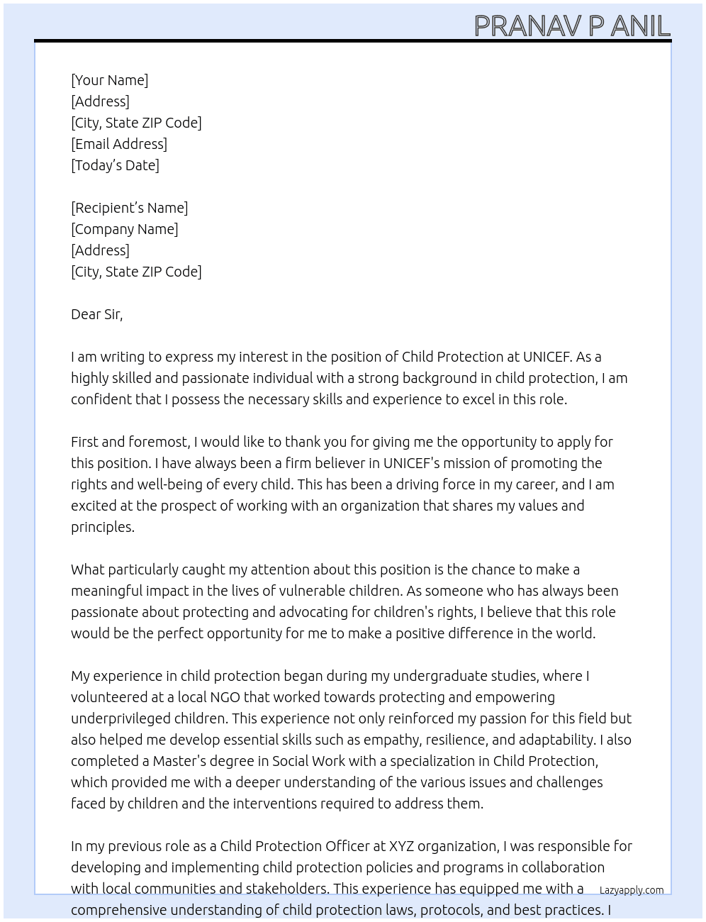 child protection  At UNICEF  Cover Letter