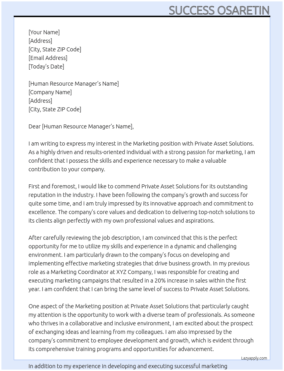Marketting At Private Asset Solutions Cover Letter
