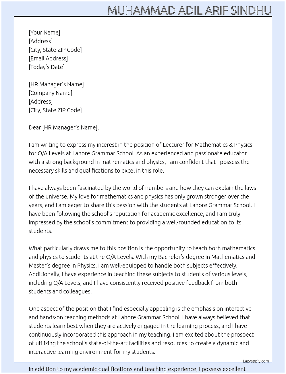 Lecturer Mathematics & Physics for O/A Levels At Lahore Grammar School  Cover Letter