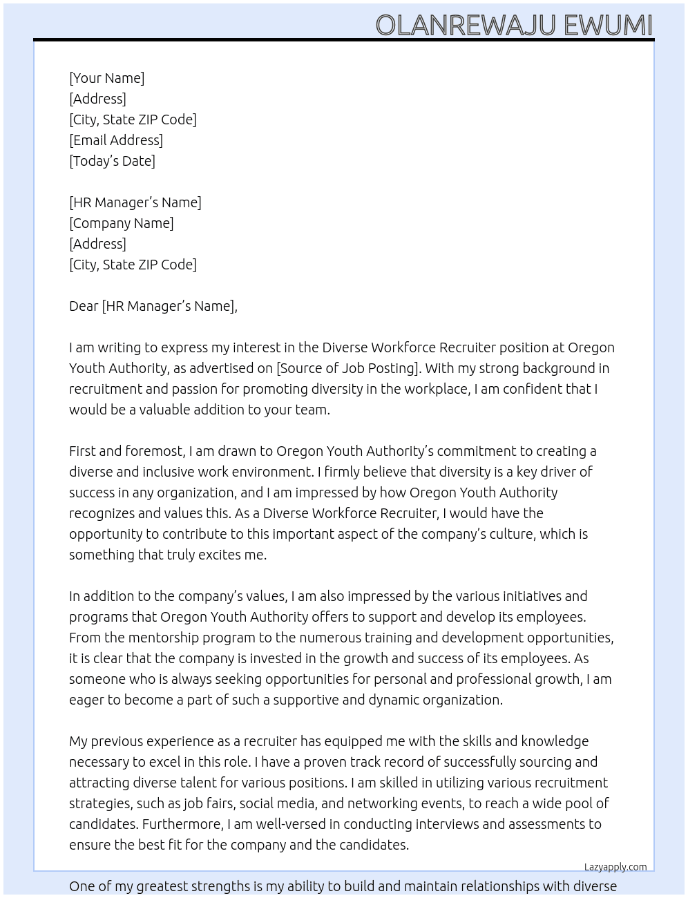 Diverse Workforce Recruiter At Oregon Youth Authority Cover Letter