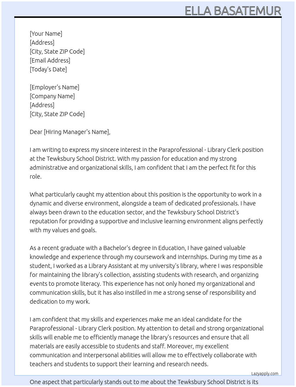 PARAPROFESSIONAL - Library Clerk At TEWKSBURY SCHOOL DISTRICT Cover Letter