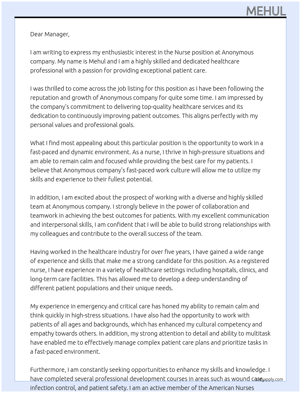 Nurse At anonymous Cover Letter