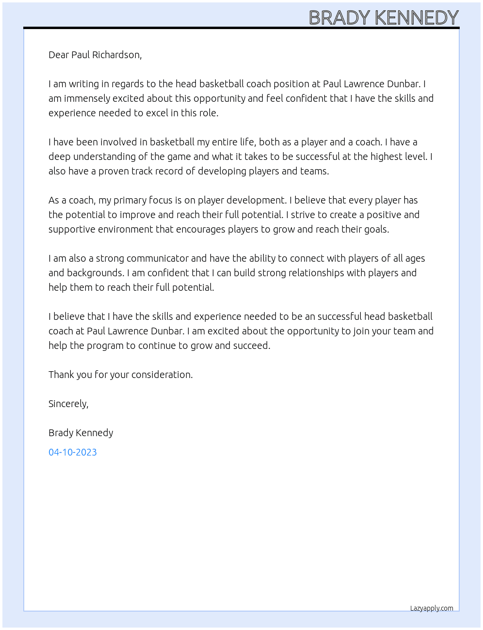 Head Basketball Coach At Paul Lawrence Dunbar Cover Letter
