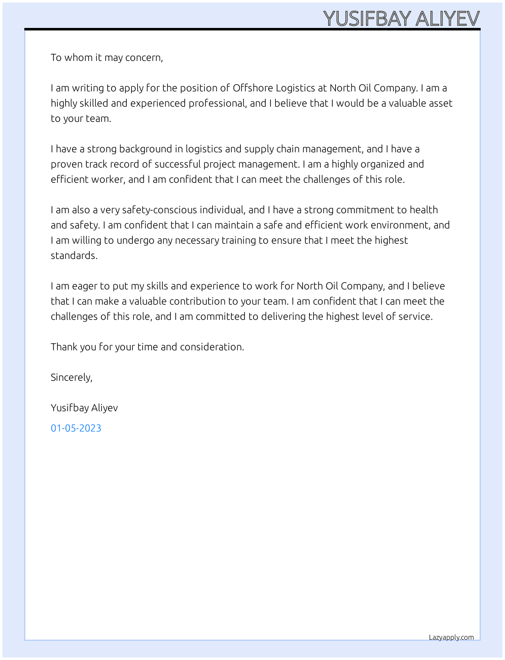Offshore Logistics  At North Oil Company Cover Letter