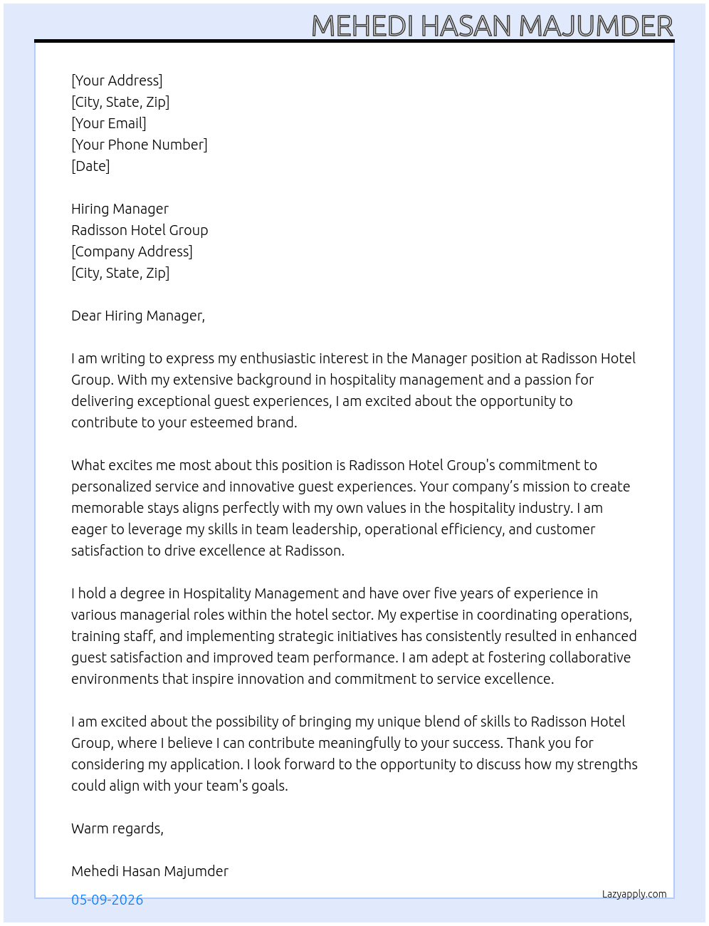 Manager At Radisson Hotel Group Cover Letter