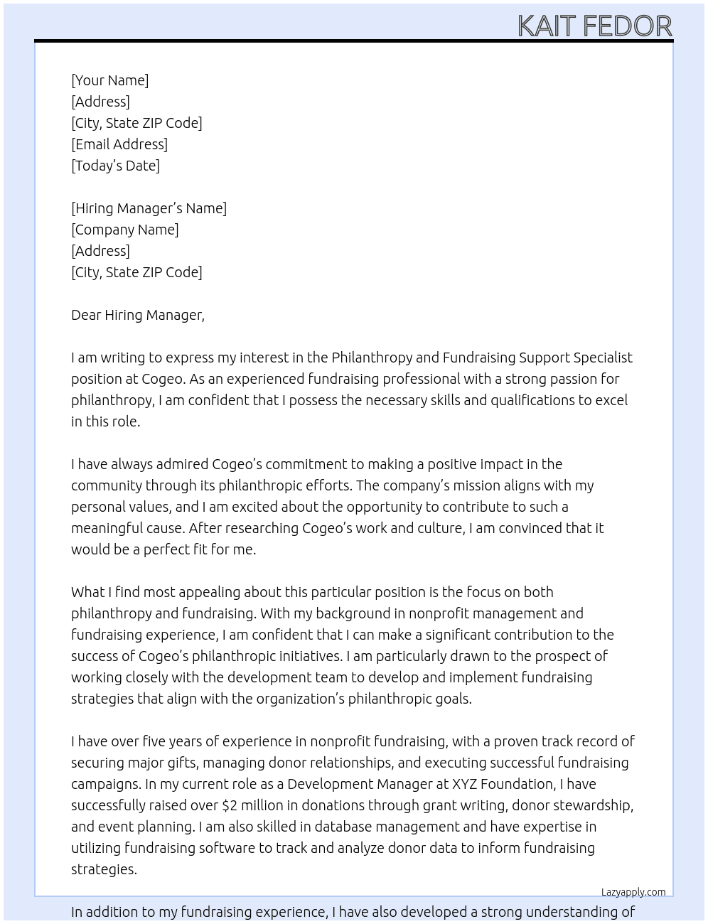 Philanthropy and Fundraising Support Specialist At Cogeo Cover Letter