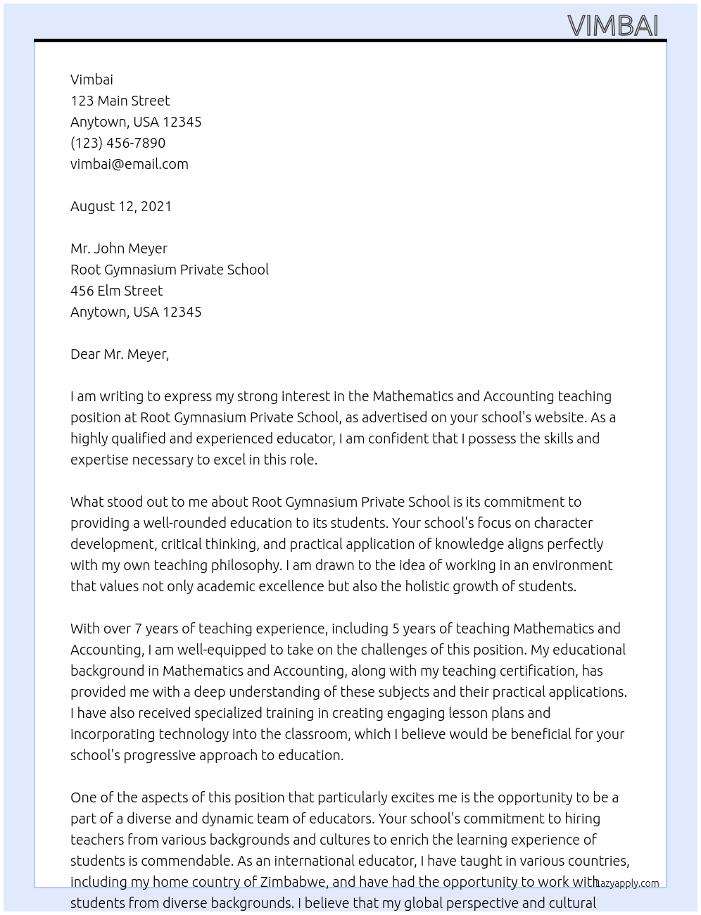 Mathematics and accounting teaching  At Root gymnasium private school  Cover Letter