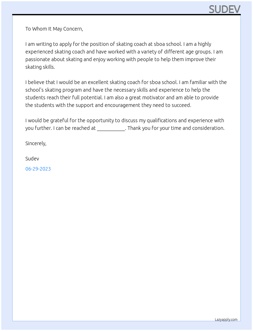 Skating coach At sboa school  Cover Letter