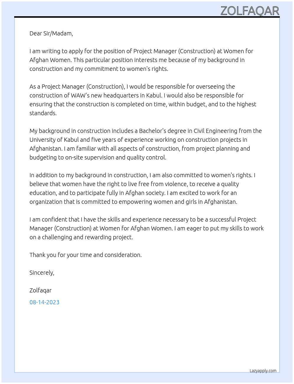 Project Manager (Construction) At Women for Afghan Women Cover Letter