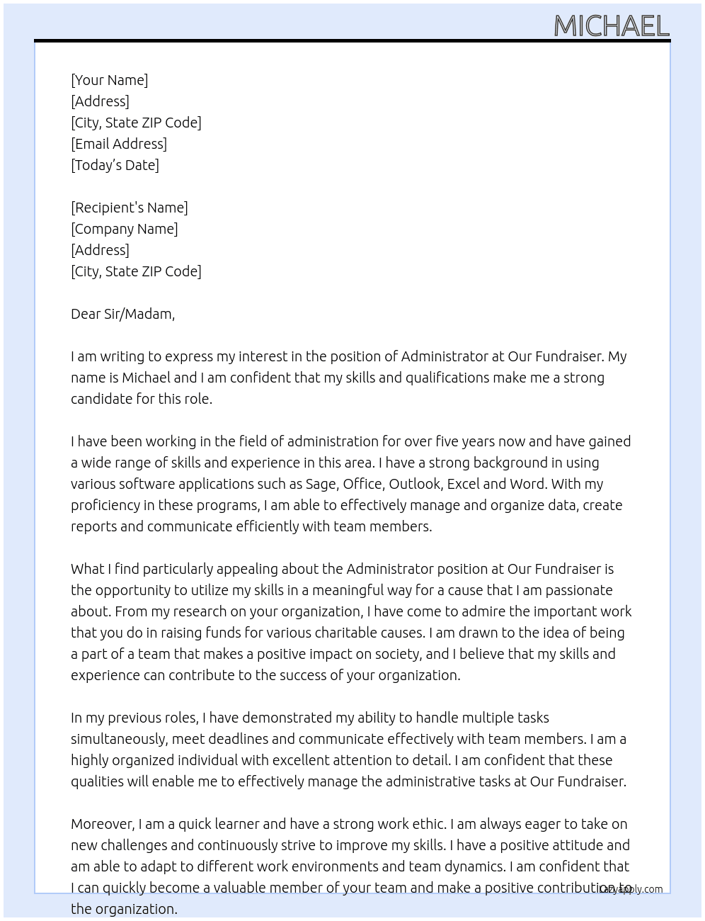 Administrator At Our Fundraiser Cover Letter