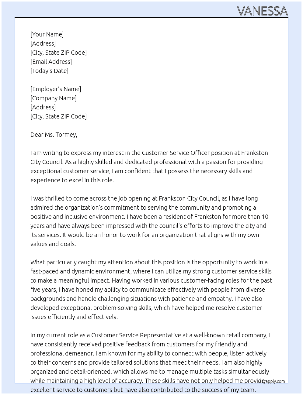 Customer Service Officer At Frankston City Council Cover Letter