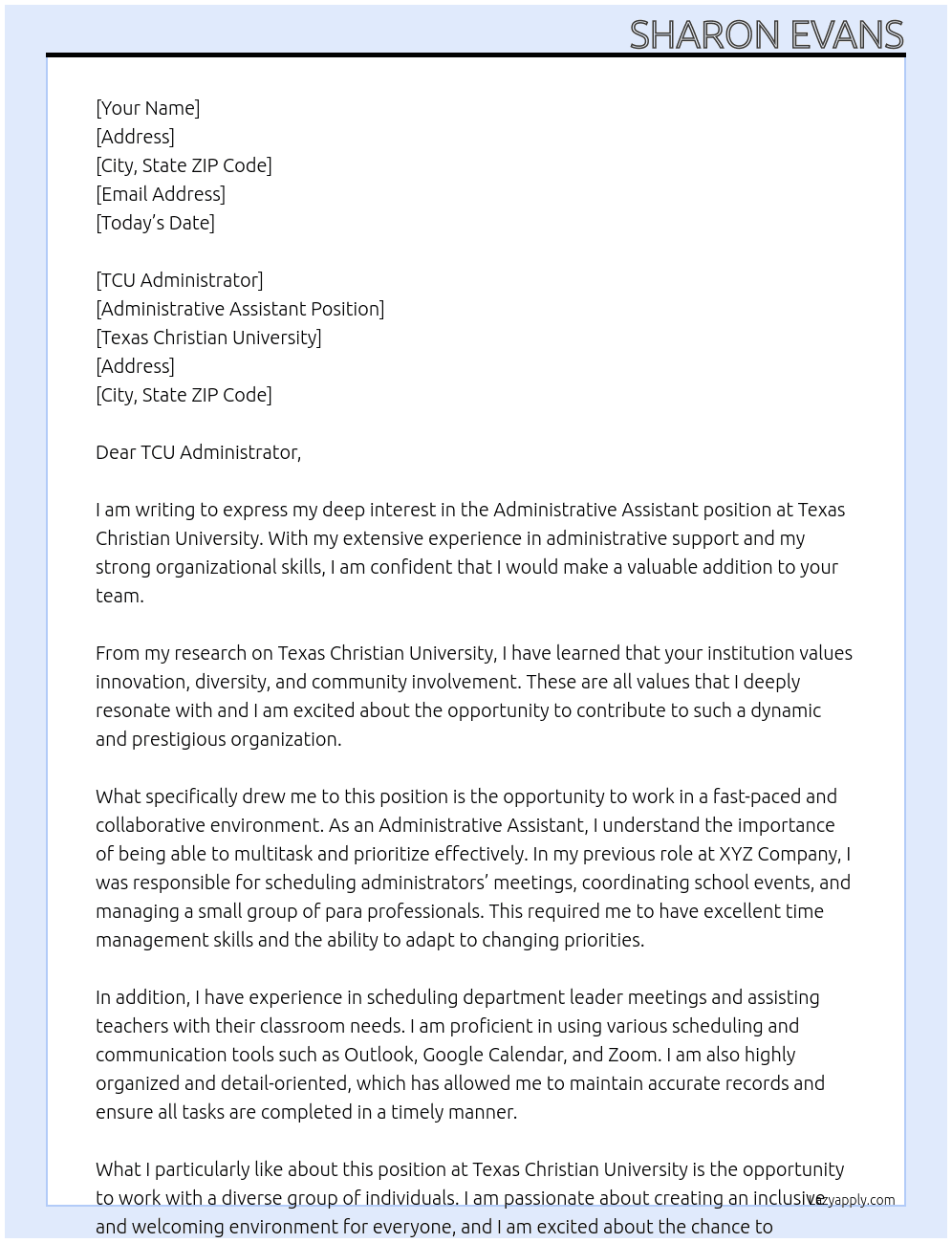 Administrative Assistant  At Texas Christian University  Cover Letter