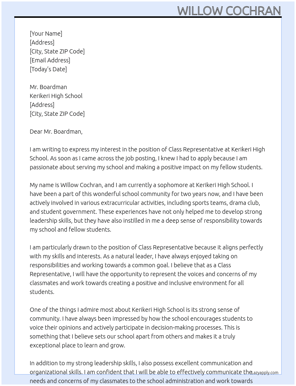 Cover letter for class representative - LazyApply