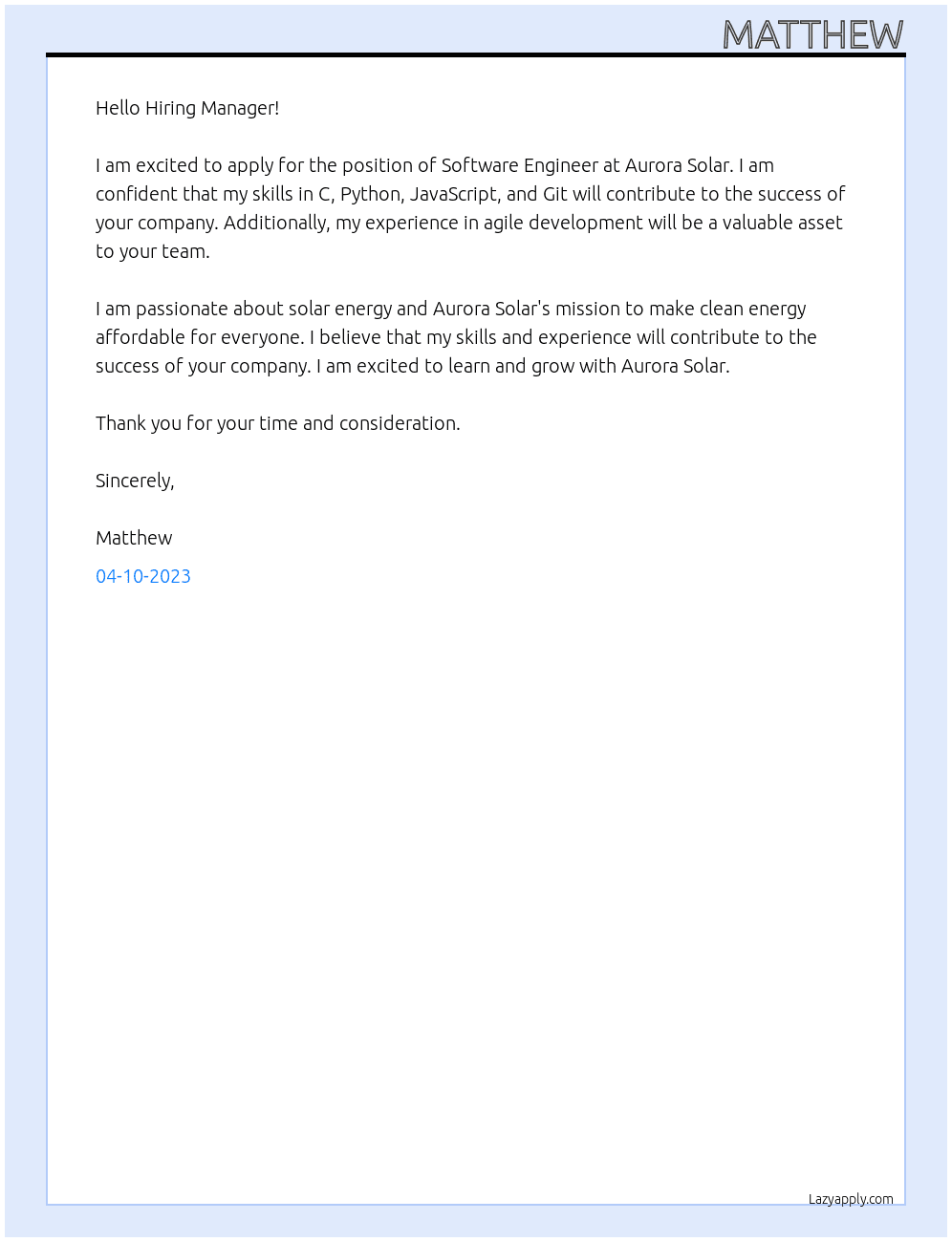 Software Engineer, Computation Scientist  At Aurora Solar Cover Letter