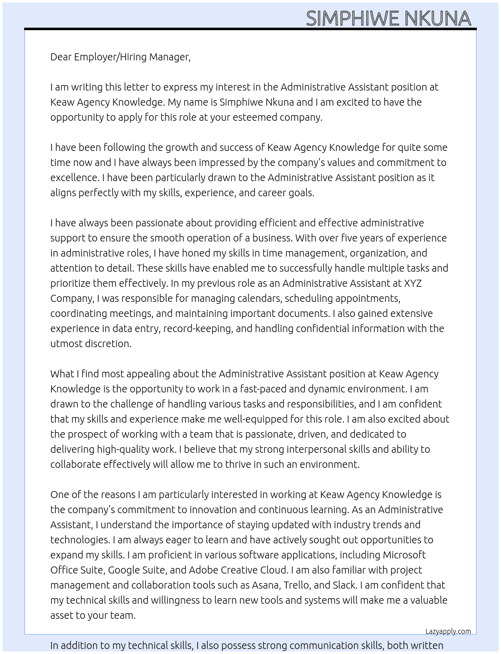 Administrative Assistant  At Keaw Agency Knowledge  Cover Letter