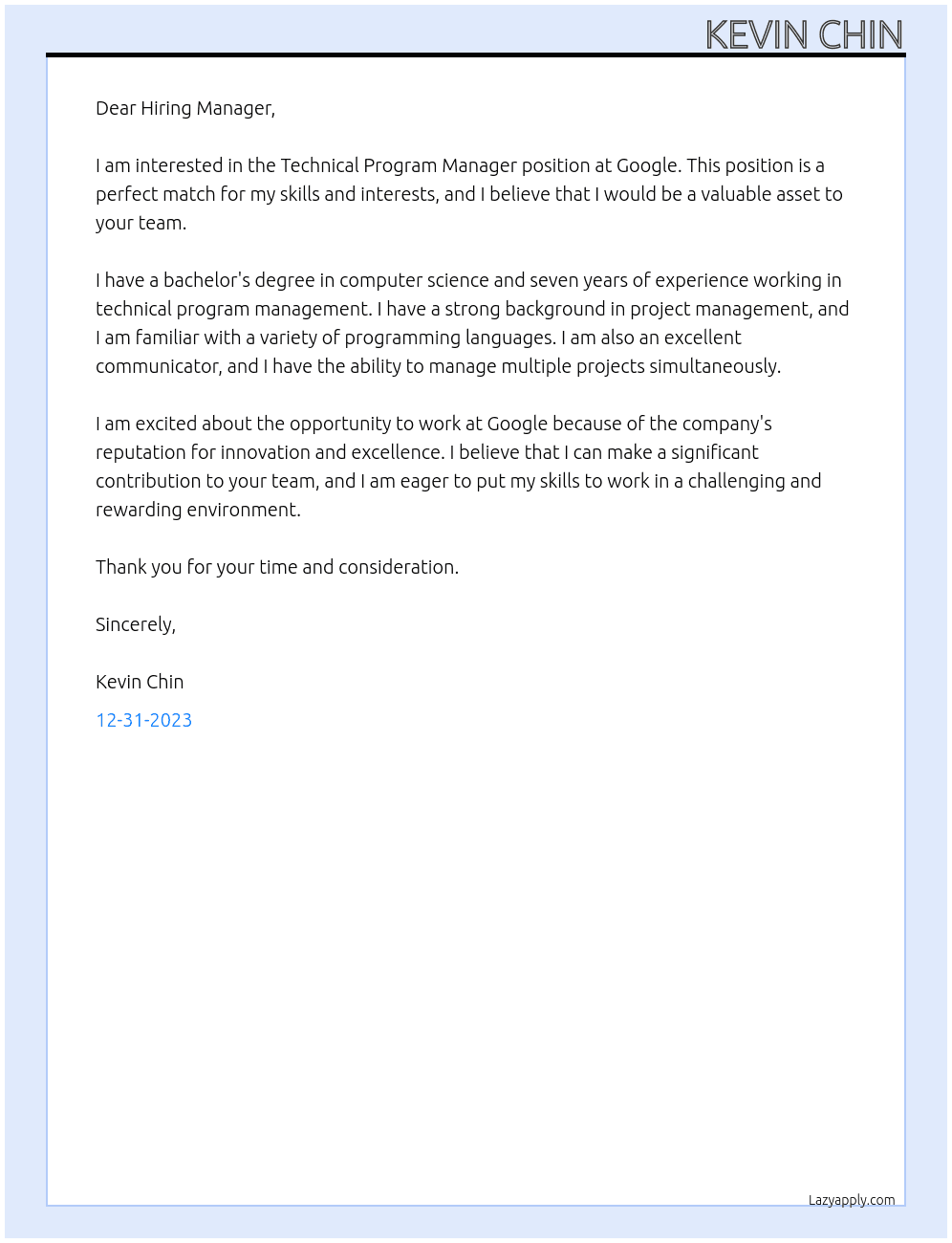 technical program manager At google Cover Letter