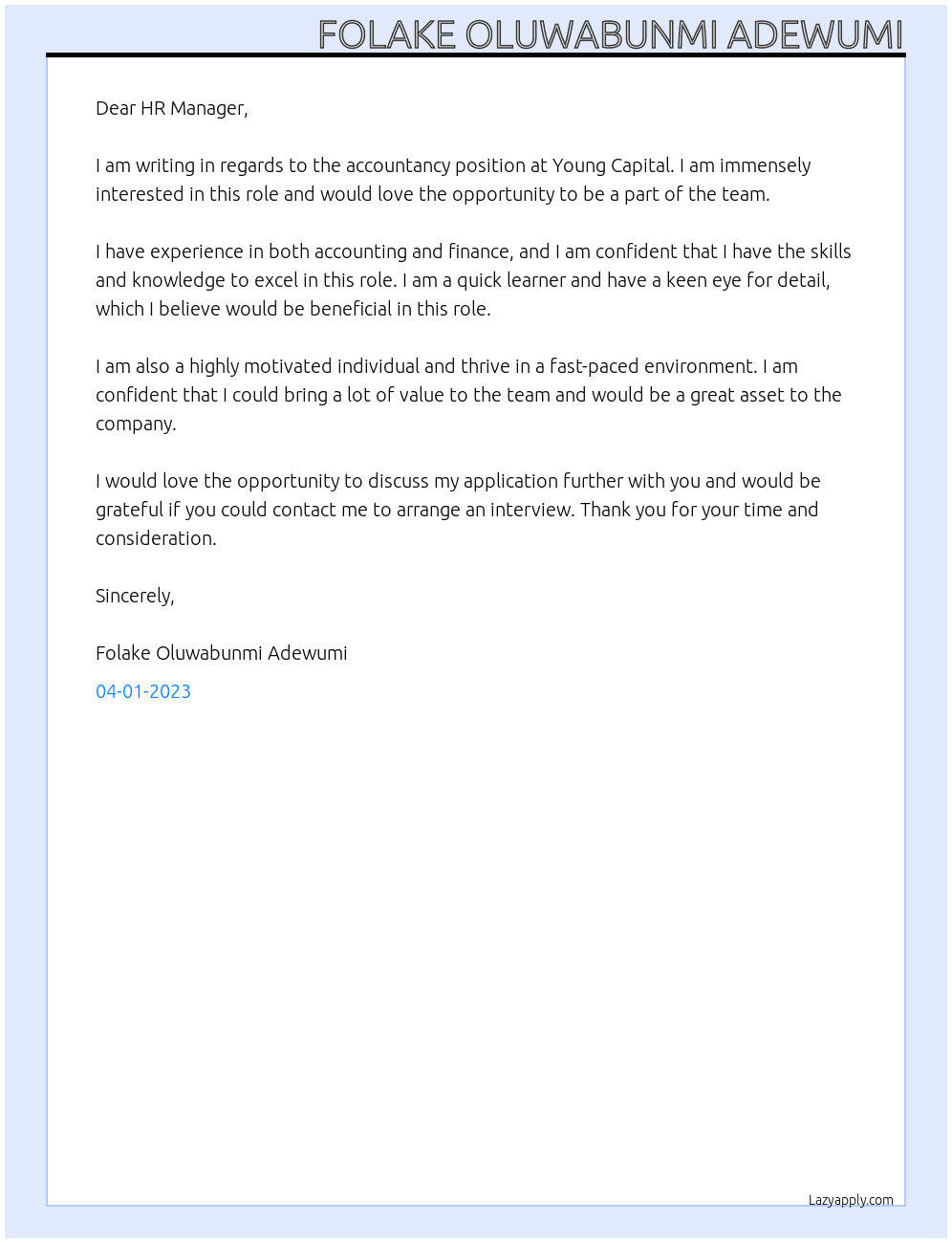 Accountancy At Young Capital Cover Letter