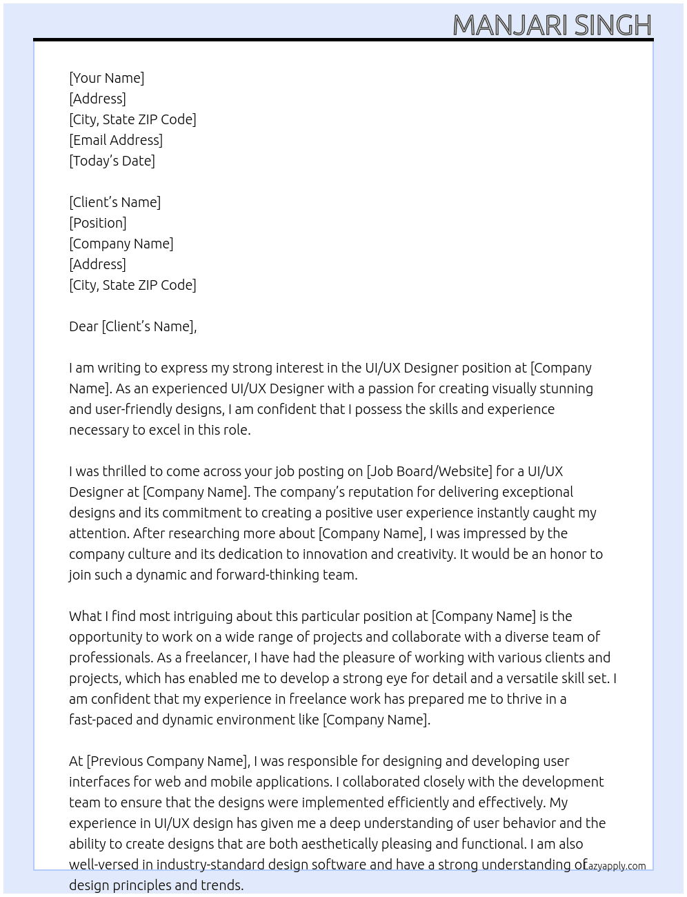 uiux designer At freelance work Cover Letter