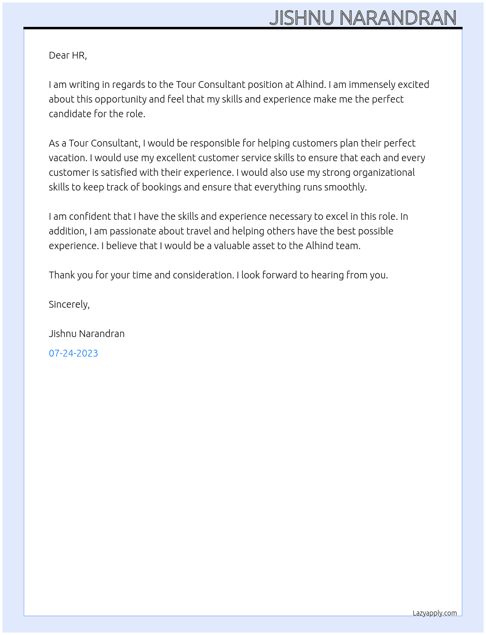 Tour consultant  At Alhind  Cover Letter