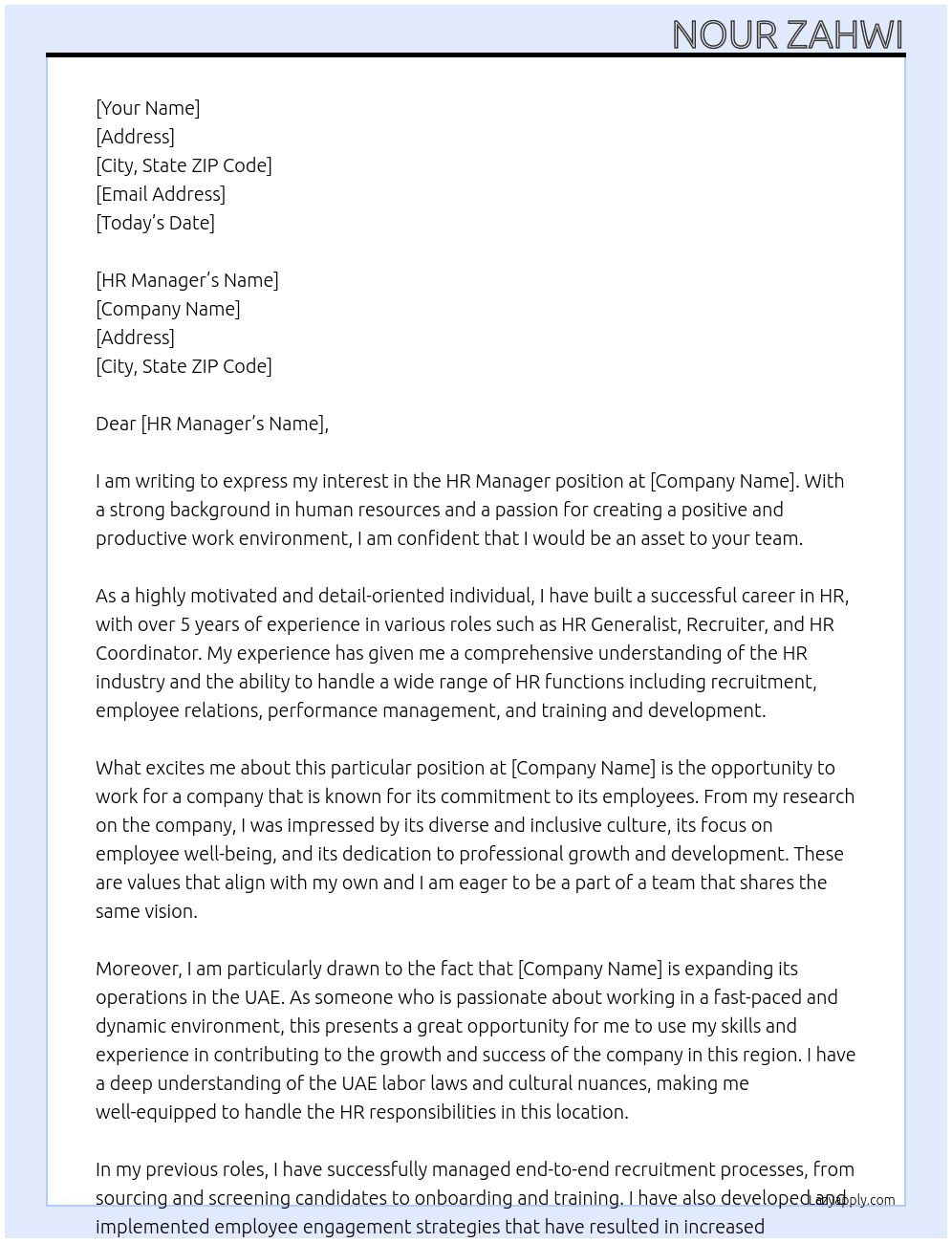 HR Manager At . Cover Letter
