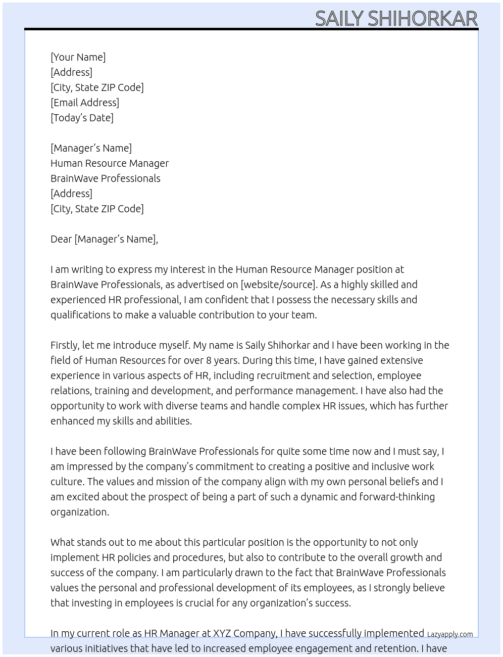 Human Resource At BrainWave Professionals Cover Letter