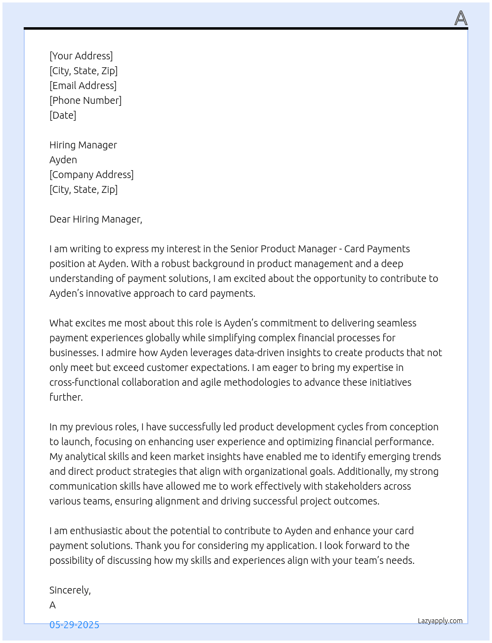 Cover letter for senior product manager - card payments - LazyApply