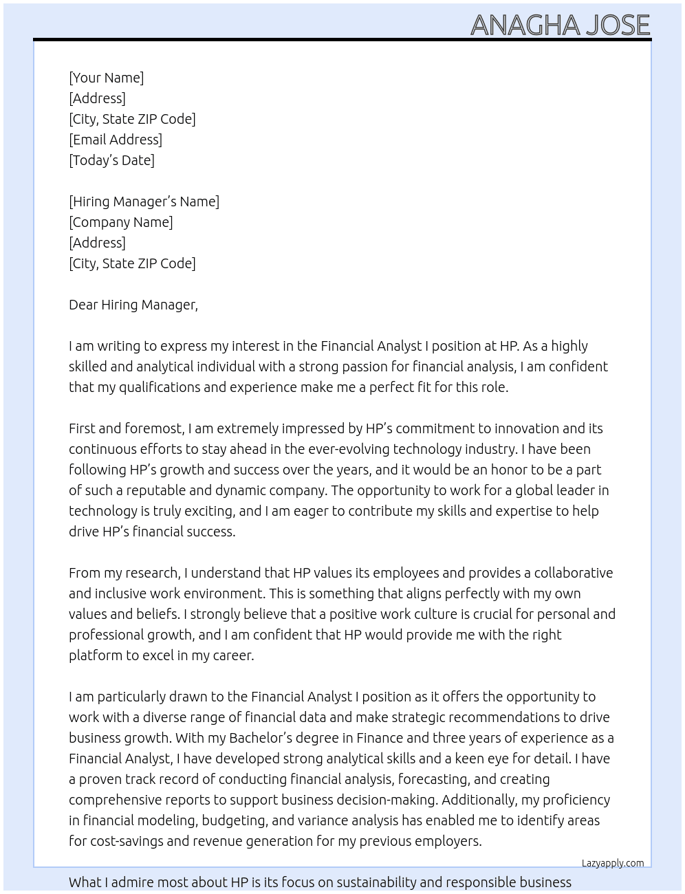 Financial Analyst I At HP Cover Letter