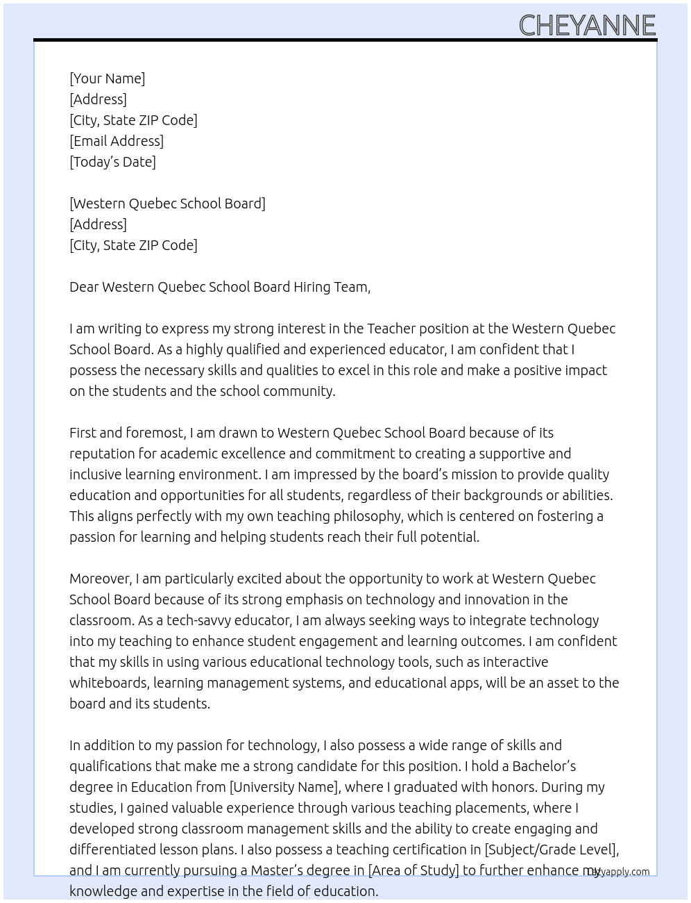 Teacher At Western Quebec school board  Cover Letter