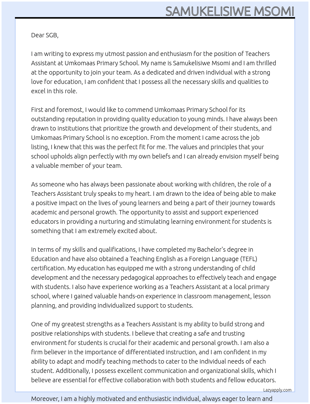 Teachers Assistant  At Umkomaas Primary School Cover Letter