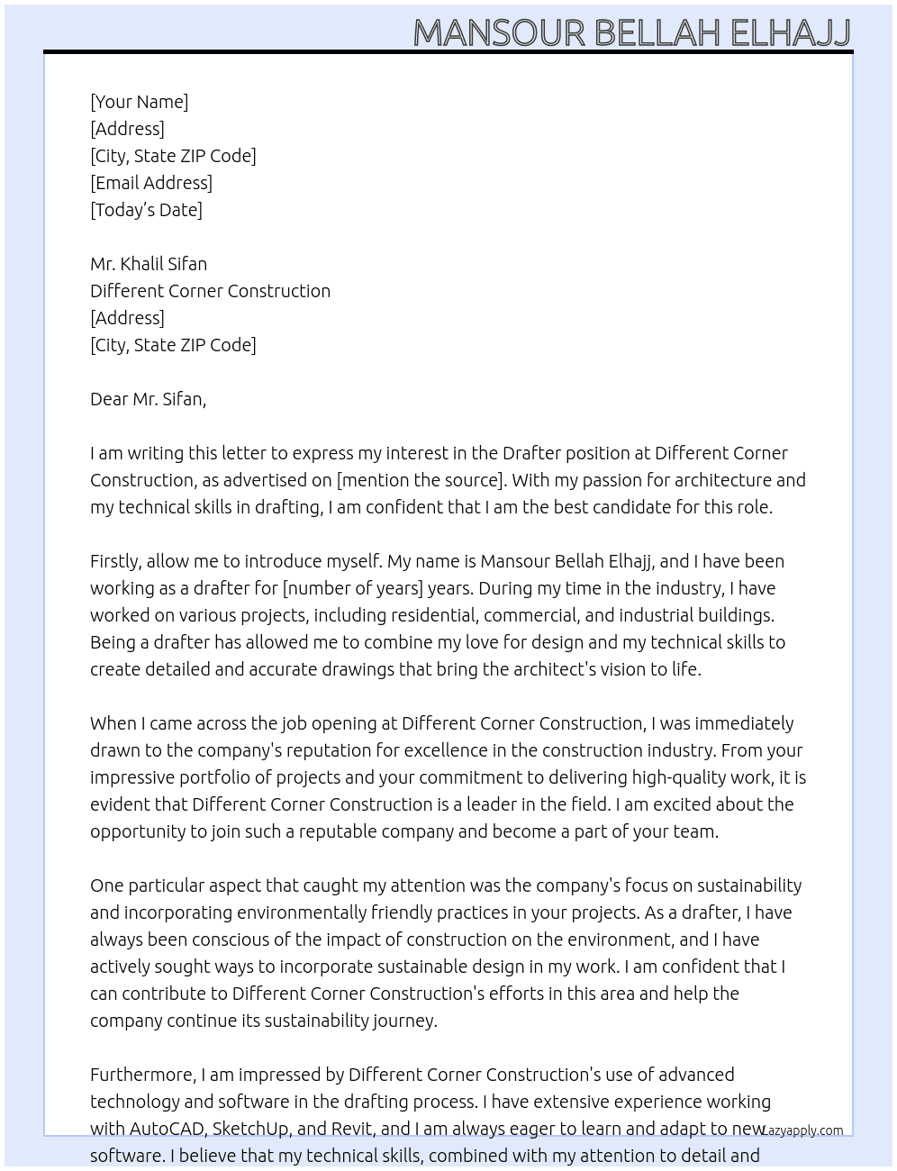 Drafter At Different Conrer Construction Cover Letter