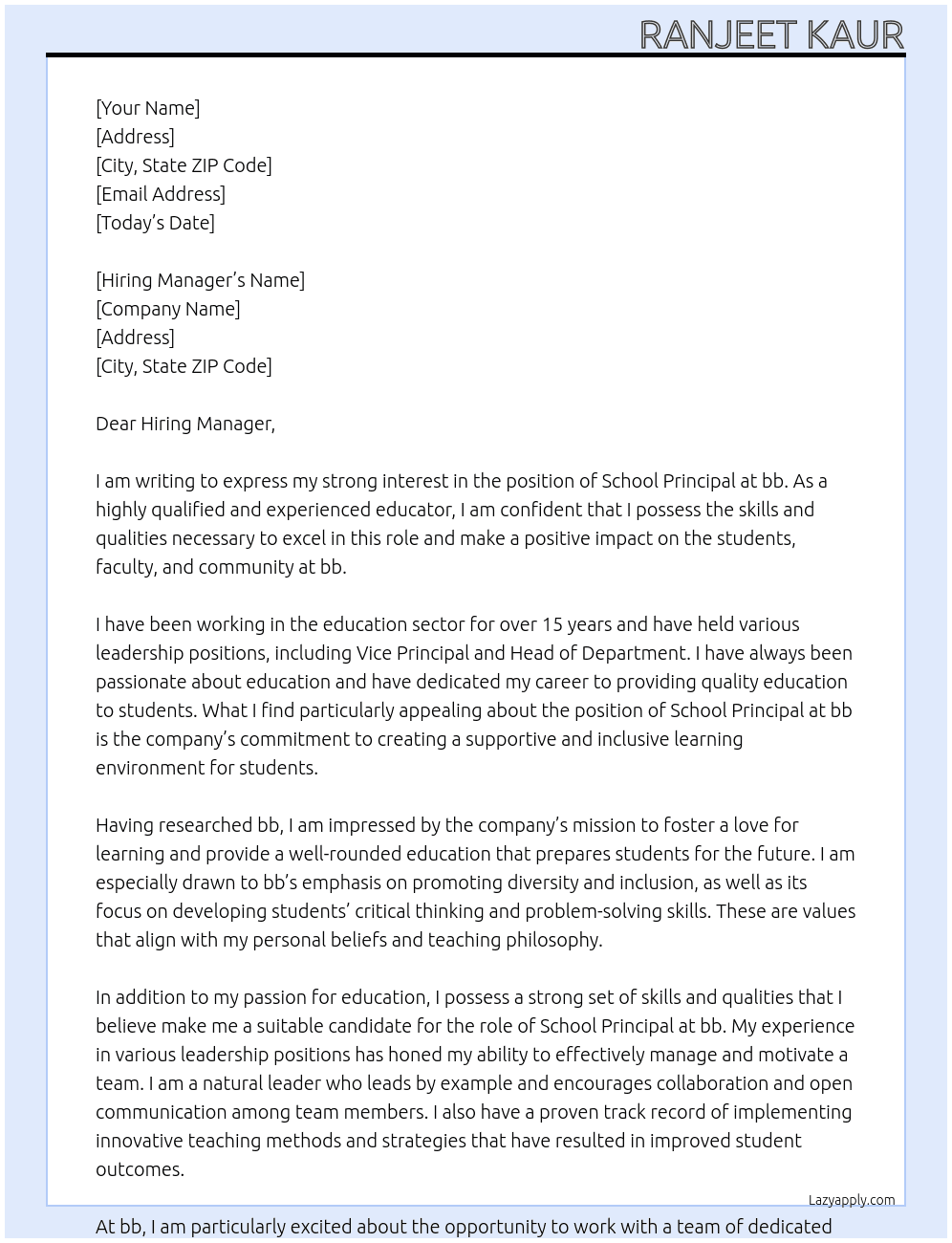 school principal At bb Cover Letter