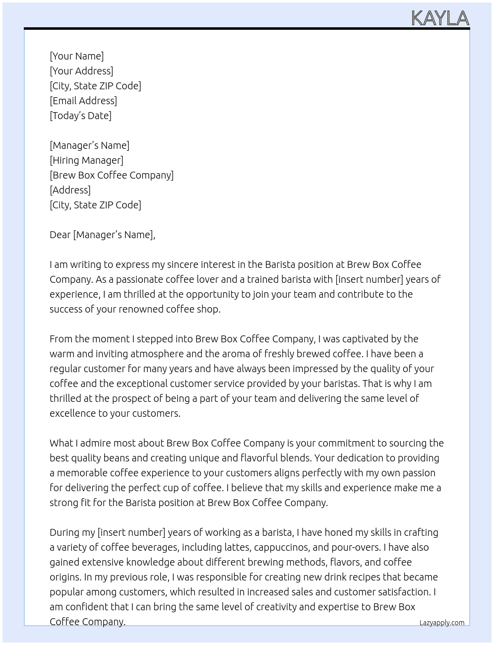 Barista At Brew Box Coffee Company Cover Letter