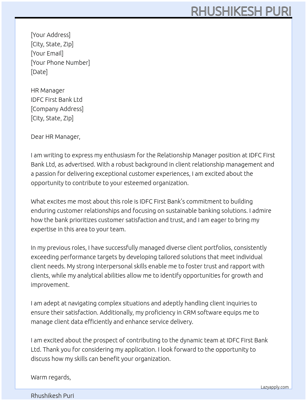 Relationship Manager  At IDFC First Bank Ltd  Cover Letter