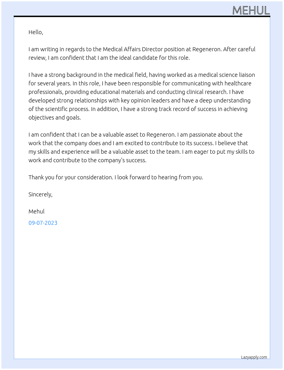 Medical Science Liaison At Regeneron Cover Letter