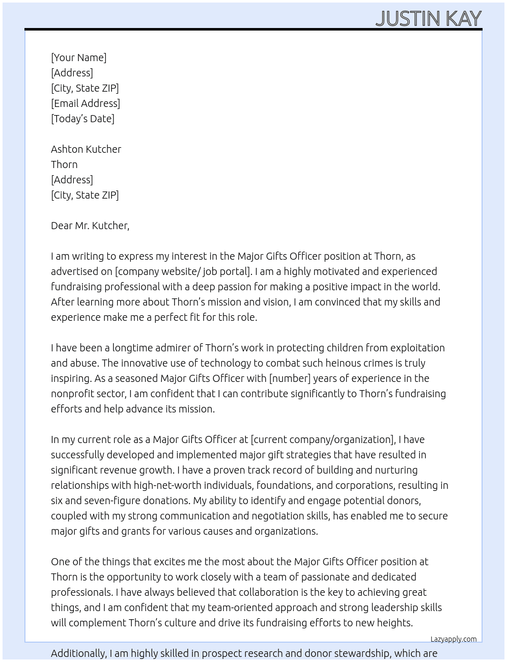 Major Gifts Officer At Thorn Cover Letter