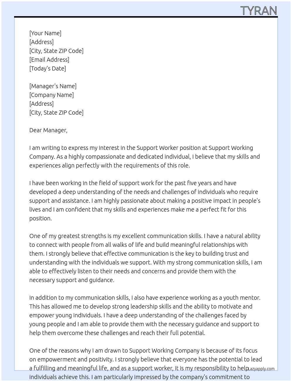 Support worker At Support Working Company Cover Letter