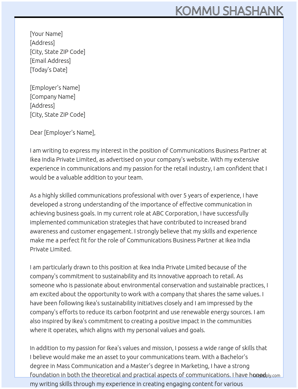 Communications business partner At Ikea India private limited Cover Letter