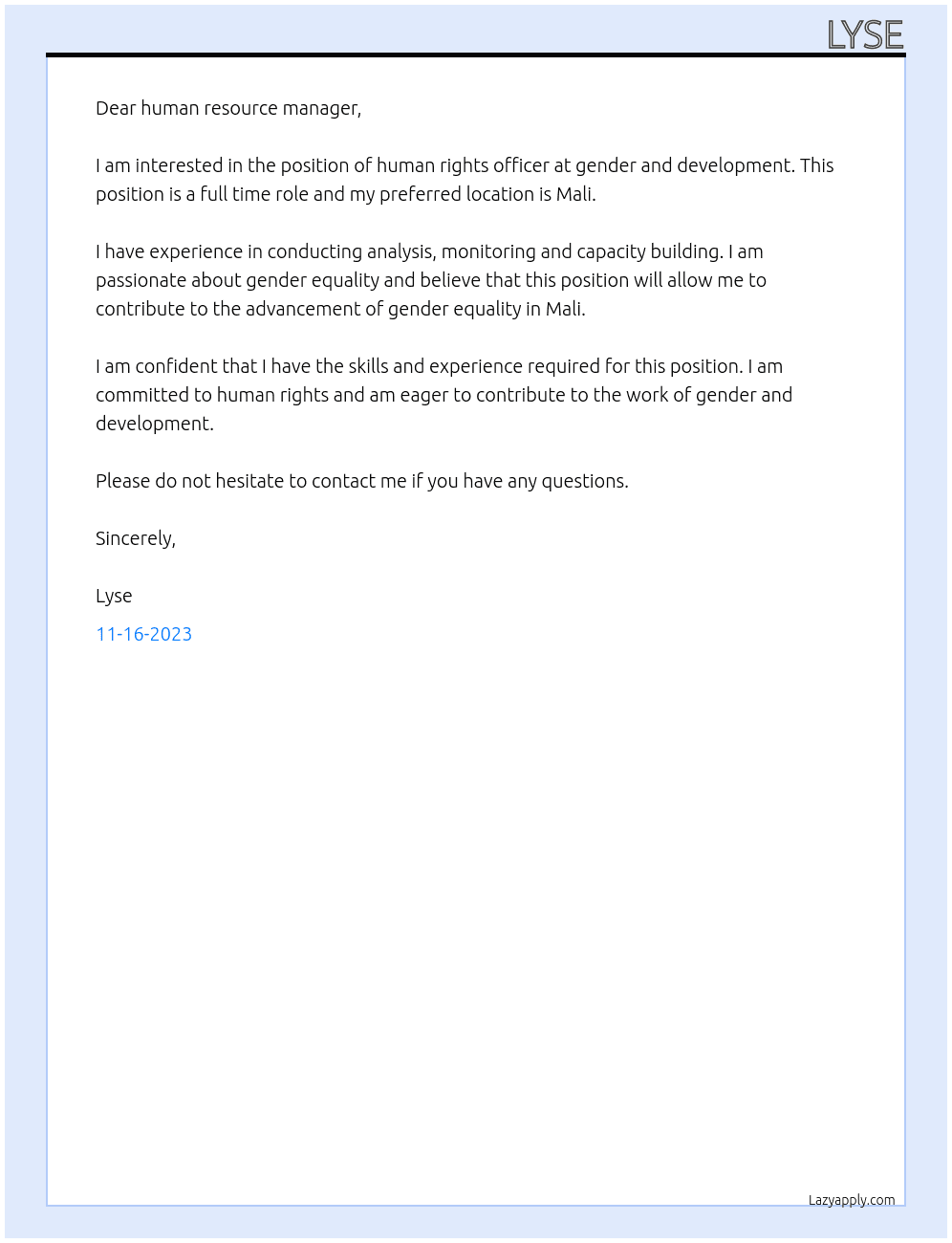huam rights officer At gender and development Cover Letter